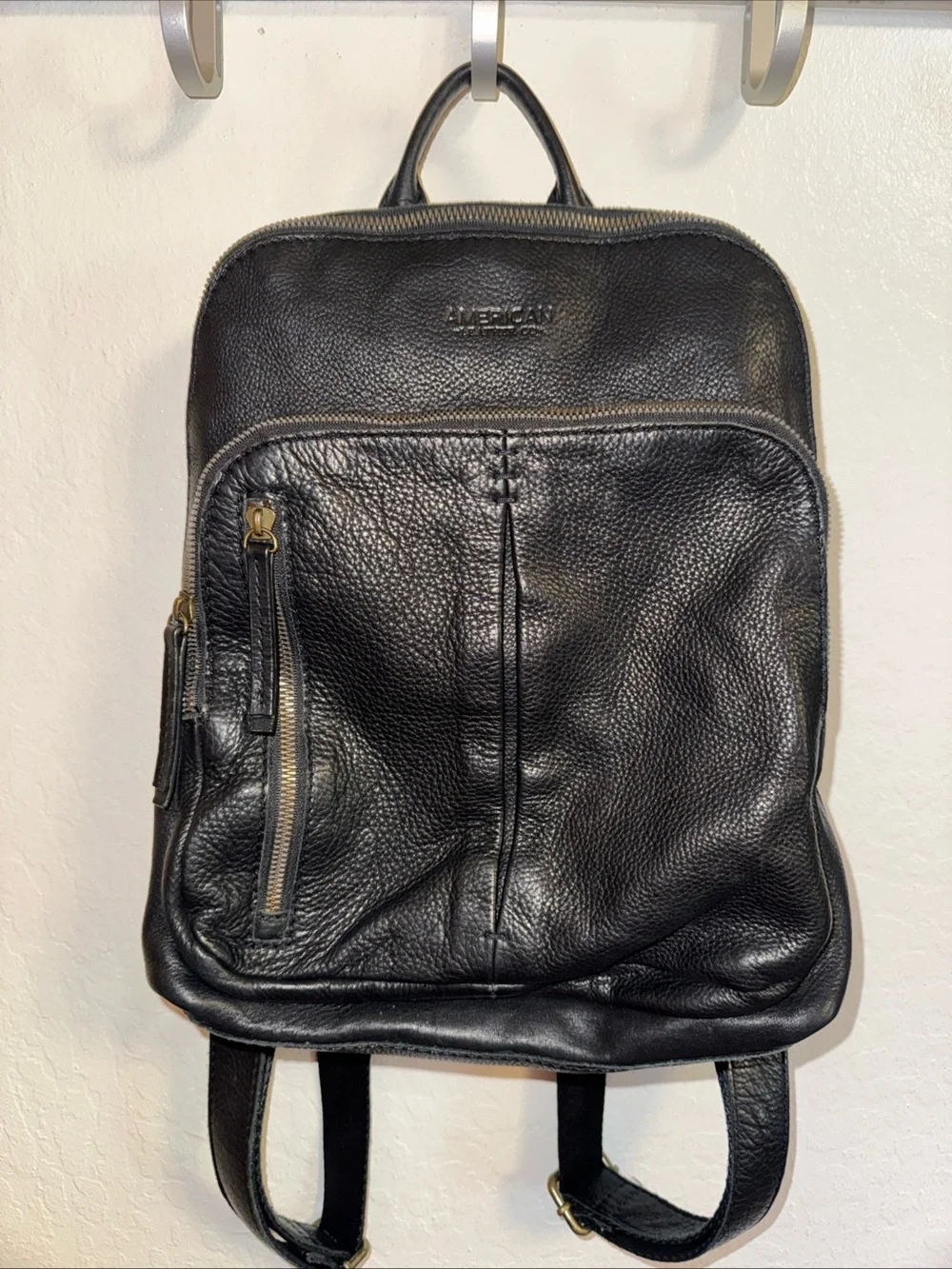 American Leather Co Black Pebbled Genuine Leather Backpack Purse Zip Pockets